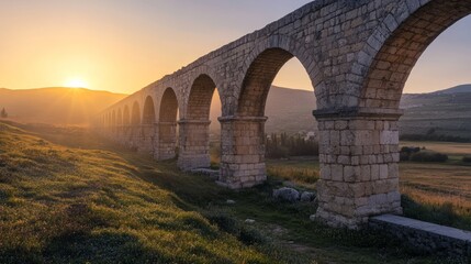 A photo of an ancient stone aqueduct rolling hills in the background, dawn