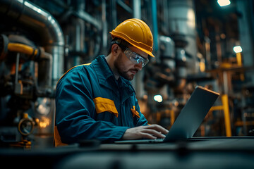 A focused worker in safety gear uses a laptop in an industrial setting, highlighting modern technology in manufacturing.