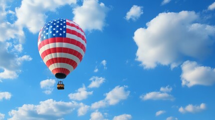 Fototapeta premium Blue sky and white clouds, hot air balloon with American flag, hot air balloon close-up,