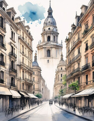 Fototapeta premium Watercolor sketch of a serene Paris street leading to a grand dome