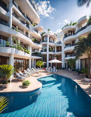 Fototapeta premium Lush hotel poolside with modern architecture under clear skies