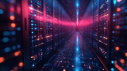 Obraz premium Advanced technology and connectivity are emphasized in an abstract futuristic digital network and data servers.