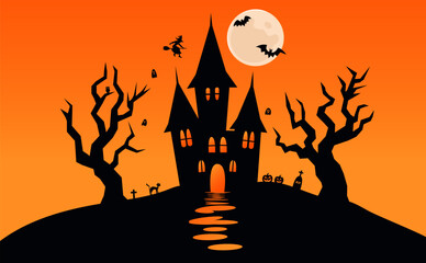 Horizontal Halloween background. Haunted house, bats, graves, witch, moon. Banners, covers, printing. Vector illustration
