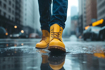A pair of yellow boots splashing through puddles on a rainy city street, capturing the essence of urban adventure.