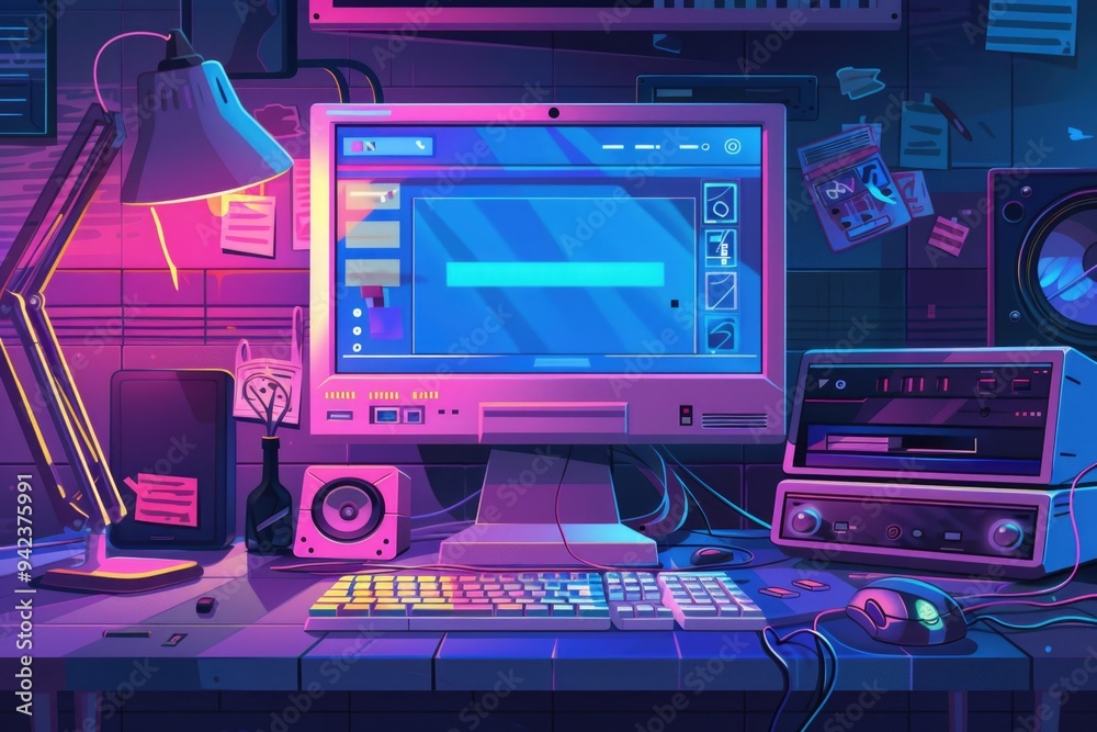 Poster A desktop computer sits atop a desk, ready for use