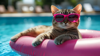 A playful cat relaxing on a pool float, wearing stylish pink sunglasses under the sun, enjoying a lazy summer day.
