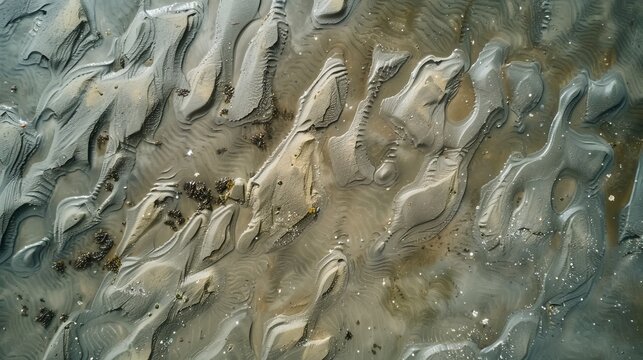 Take an aerial shot of a beach during low tide, revealing the patterns in the sand and the tide pools filled with marine life.