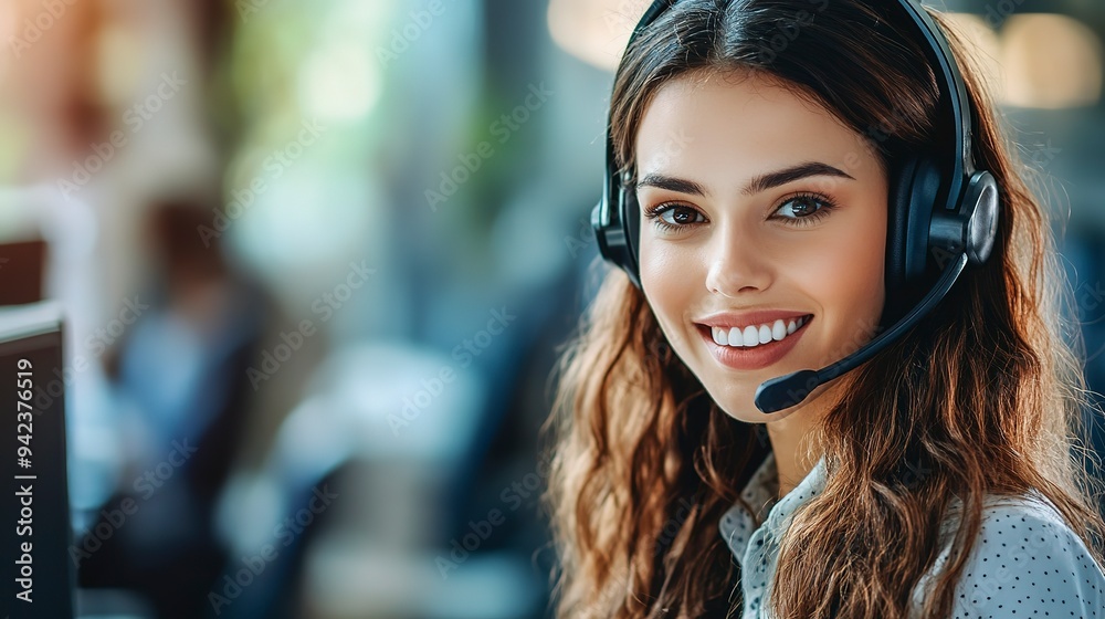 Sticker Attractive female customer service agent with headset working in call center