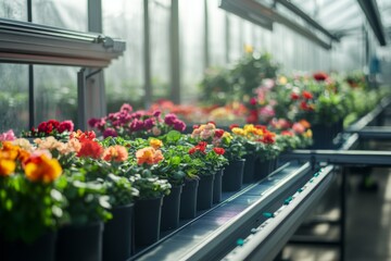 Fototapeta premium A vibrant greenhouse filled with blooming flowers during daylight, showcasing a variety of colors and shapes in neatly arranged pots. Generative AI