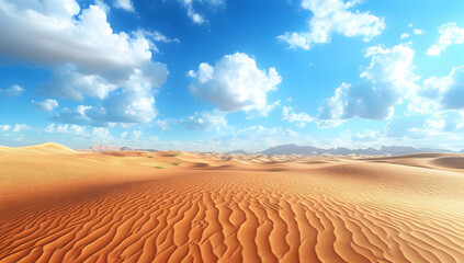 Naklejka premium A serene desert landscape with rolling sand dunes under a bright blue sky adorned with fluffy white clouds.