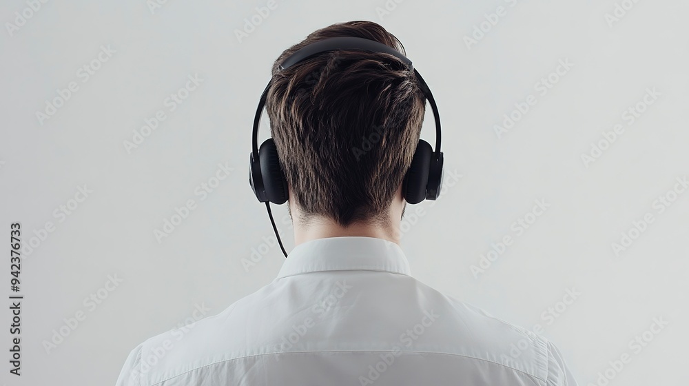 Sticker Confident corporate representative wearing a headset against a crisp white background, exuding professionalism and approachability for effective customer service and support interactions. 