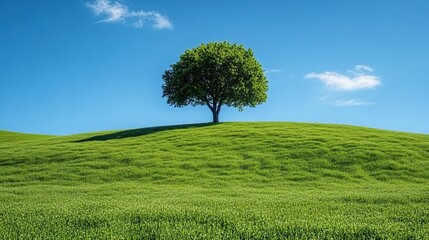 Obraz premium A serene and tranquil landscape is created by an abstract lonely tree in a green meadow under blue skies.