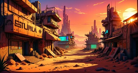 Naklejka premium cyberpunk town city wasteland in the desert at sunset. futuristic dystopian sci fi buildings in oasis sahara ghetto slum outpost with sandy road canyon rocks in horizon.