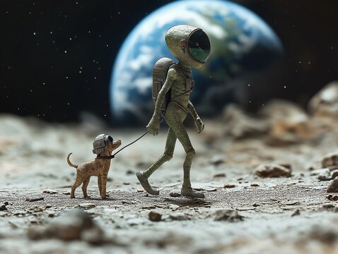 Alien astronaut walking a dog on the moon with Earth visible in the background