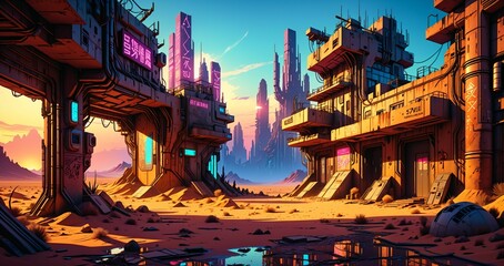 Obraz premium cyberpunk town city wasteland in the desert at sunset. futuristic dystopian sci fi buildings in oasis sahara ghetto slum outpost with sandy road canyon rocks in horizon.