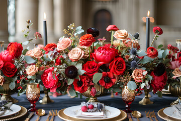 a table set with red and pink flowers

