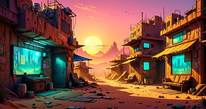cyberpunk town city wasteland in the desert at sunset. futuristic dystopian sci fi buildings in oasis sahara ghetto slum outpost with sandy road canyon rocks in horizon.