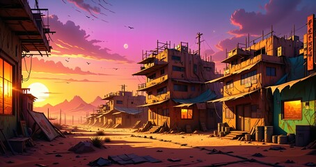 cyberpunk town city wasteland in the desert at sunset. futuristic dystopian sci fi buildings in oasis sahara ghetto slum outpost with sandy road canyon rocks in horizon.