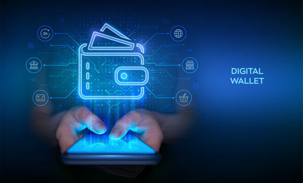 Digital wallet. E-wallet. Businessman hand using smartphone for online payment by digital wallet. Mobile banking, money transaction, e-commerce banner. Circuit board background. Vector Illustration.