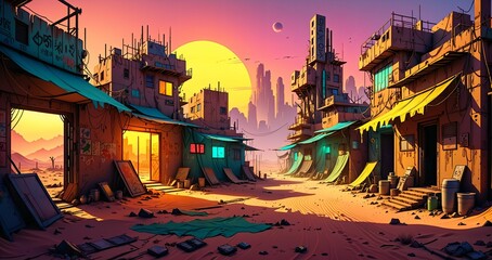 Naklejka premium cyberpunk town city wasteland in the desert at sunset. futuristic dystopian sci fi buildings in oasis sahara ghetto slum outpost with sandy road canyon rocks in horizon.