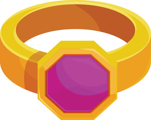 Golden ring with big purple gem stone is sparkling on white background