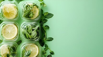 Obraz premium Fresh Lemon & Mint in Containers Green Background