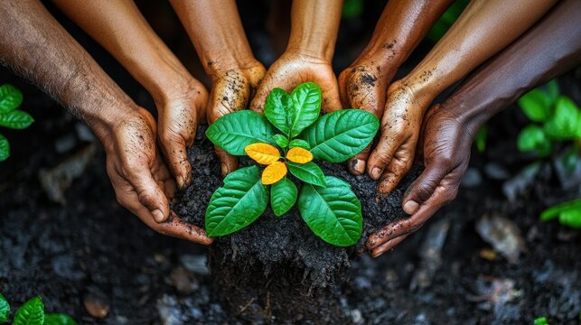 Group of Multiethnic Hands Holding Acaulescent Tree Leaves and Roots from Above - Symbolizing Global Environmental Protection and Unity for Earth's Future in High-Resolution Commercial Photography

