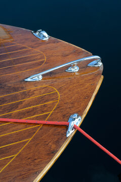 Usa, Washington State, Port Townsend, Point Hudson. Varnished bow deck.