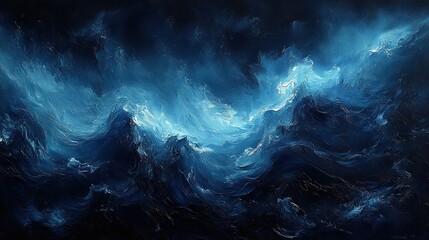 Fototapeta premium Swirling blue and black colors feature in an abstract painting.