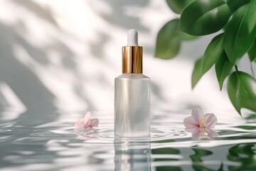 A serene glass bottle of skincare serum gently rests on rippling water, surrounded by delicate flowers and lush green leaves under soft, natural lighting. Generative AI