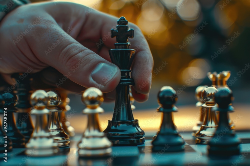 Poster a person focused on playing a game of chess on a wooden chess board, with pieces in motion