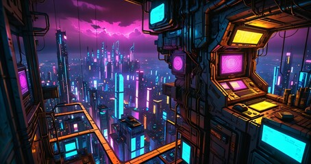 high rise skyscraper tower penthouse loft in cyberpunk futuristic sci fi city urban metropolis at night. view from tall building balcony patio terrace overlook of cityscape with neon cyber tech lights