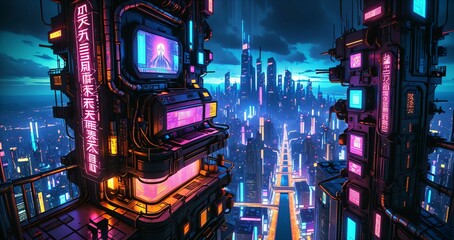 high rise skyscraper tower penthouse loft in cyberpunk futuristic sci fi city urban metropolis at night. view from tall building balcony patio terrace overlook of cityscape with neon cyber tech lights