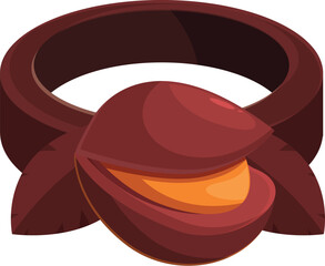 Macadamia nut surrounded by leaves and shell presenting its delicious kernel