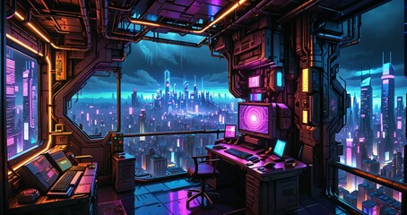 cyberpunk sci fi high rise skyscraper tower building terrace patio balcony over hang with view of metropolis futuristic city horizon cityscape.