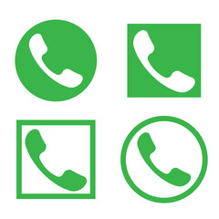 Phone icon set. White handset on green. Circle and square variations. Bold minimalistic style.