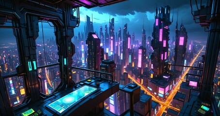 Obraz premium sci fi city aerial view from skyscraper tall tower building at night. futuristic neon landscape of urban night city district from bird's eye view on patio balcony terrace.