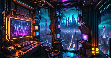 sci fi city aerial view from skyscraper tall tower building at night. futuristic neon landscape of urban night city district from bird's eye view on patio balcony terrace.