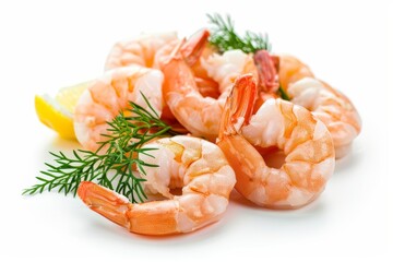 Freshly cooked shrimp garnished with lemon slices and dill on a bright white background, showcasing delicious seafood ready for a summer feast. Generative AI