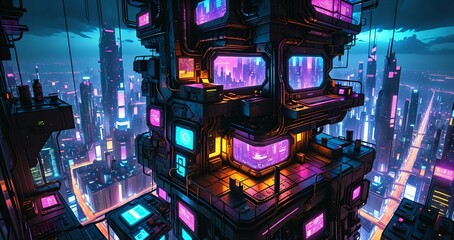 sci fi city aerial view from skyscraper tall tower building at night. futuristic neon landscape of urban night city district from bird's eye view on patio balcony terrace.