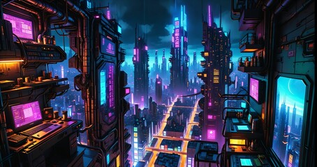 Fototapeta premium sci fi city aerial view from skyscraper tall tower building at night. futuristic neon landscape of urban night city district from bird's eye view on patio balcony terrace.