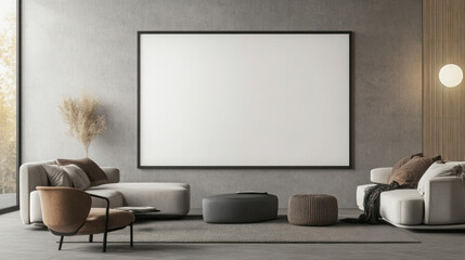 modern minimalist living room interior with large blank canvas mockup
