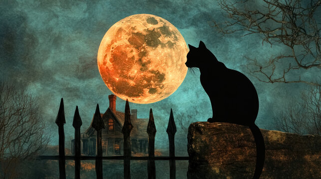 black cat silhouette against a full moon, Horror themed artwork
