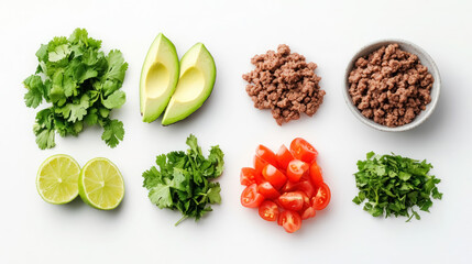 fresh ingredients for taco making on white background flat lay