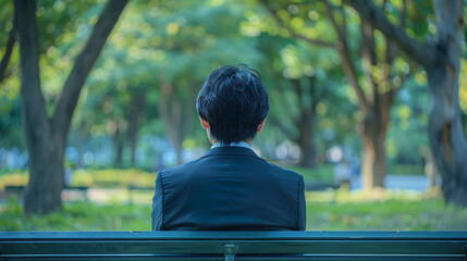Fototapeta premium 公園のベンチに座るスーツ姿のアジア人男性の後ろ姿