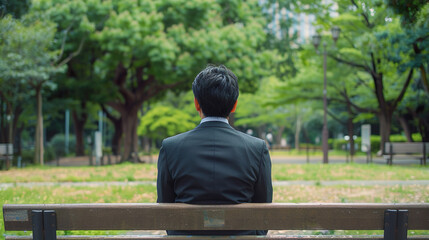 Fototapeta premium 公園のベンチに座るスーツ姿のアジア人男性の後ろ姿