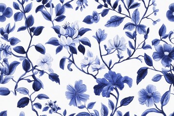 Fototapeta premium This stunning wallpaper showcases intricate and beautifully designed blue floral patterns against a crisp white background, evoking the classic porcelain aesthetics with great elegance and style