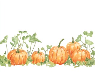 A clipart style watercolor illustration of a Pumpkin patch with various sizes of pumpkins, The background must be plain white to emphasize the illustration