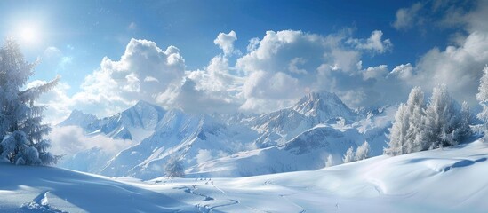 Naklejka premium Winter Landscape With Mountains Snow And Sky