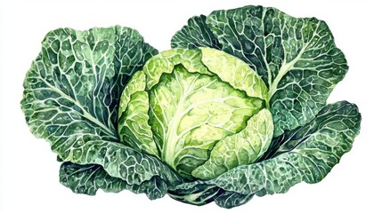 Obraz premium Fresh green cabbage with textured leaves, ideal for health recipes and gardening illustrations.